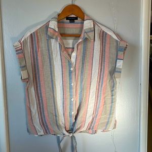 Striped Short Sleeve Tie-front Top - Size Large